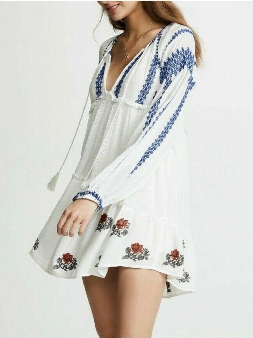 Free People White Mini Dress with Embroidery
